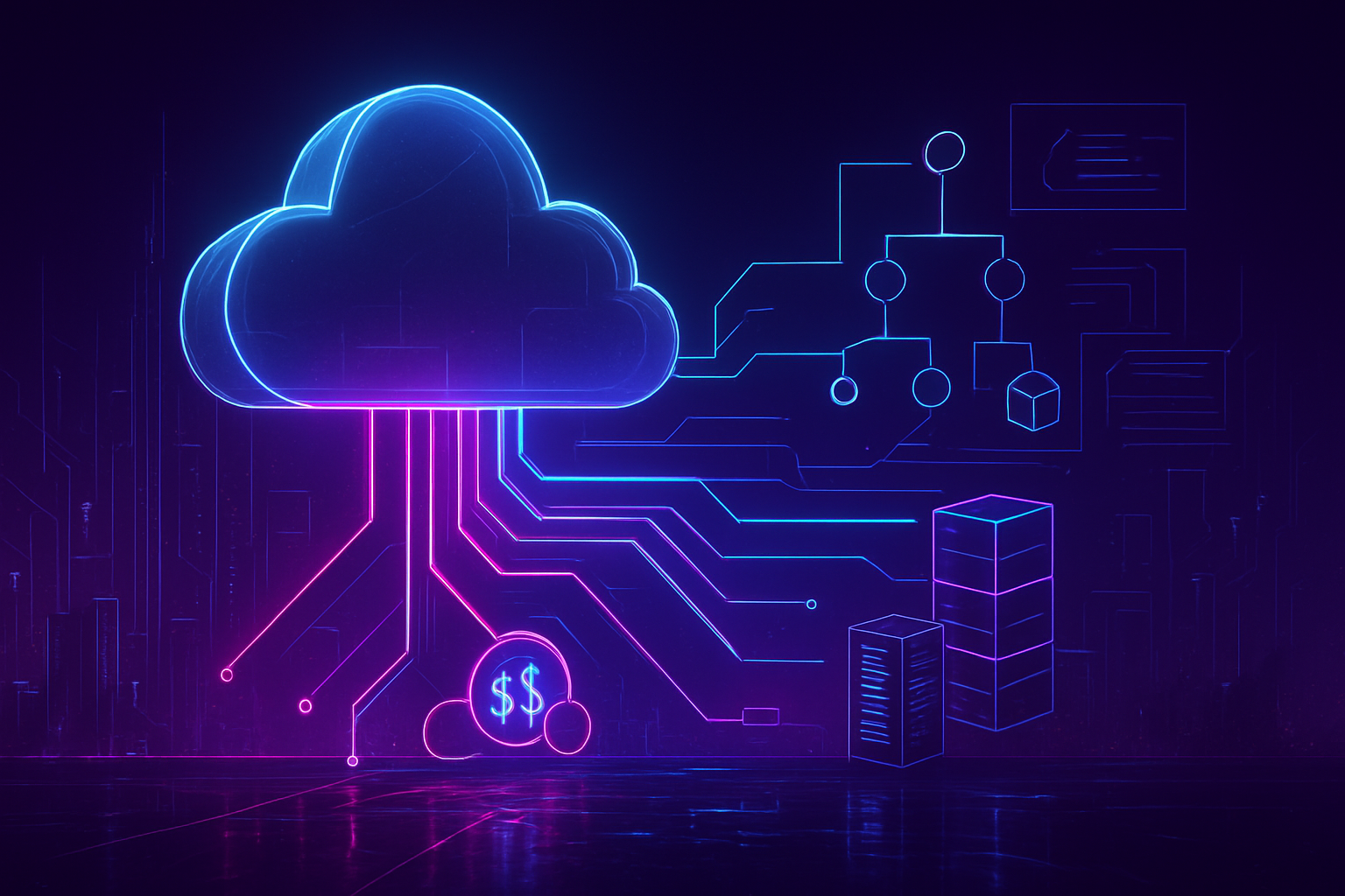 Eine halbtransparente stilisierte Cloud-Box schwebt links oberhalb einer neonbeleuchteten futuristischen Stadt, aus ihr strömen neonblaue und magentafarbene Leitungen zu kleineren Serviceknoten und einem Cluster aus Geldsymbolen; nasse Straßen spiegeln silhouettierte Serverracks, skalierbare Kacheln und dünne leuchtende Diagramm-Overlays visualisieren Kostenflüsse und Architekturentscheidungen.