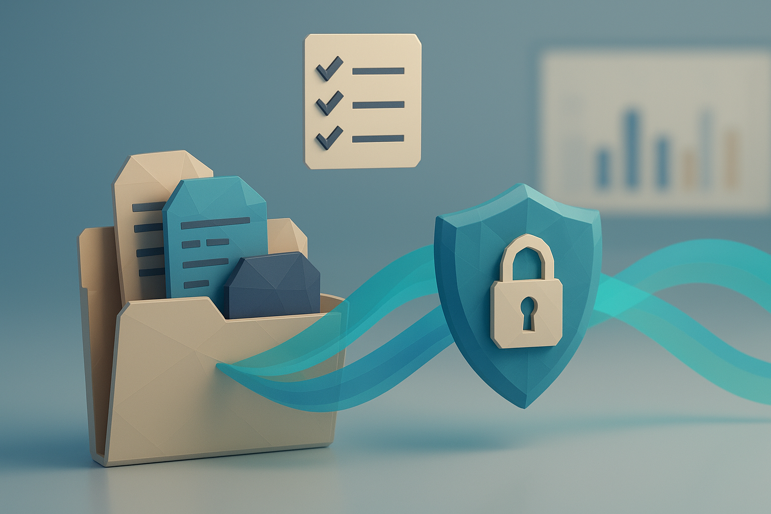 A stylized low-poly open repository folder with faceted file icons, a geometric shield with a lock beside it, a floating audit checklist above, a softly blurred dashboard in the background, and semi-transparent data ribbons flowing past the shield in a controlled way.